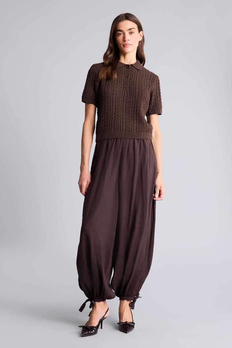 DeFacto Brown Woman Polo Neck Short Sleeve Openwork Knit Pullover Casual - Image 2