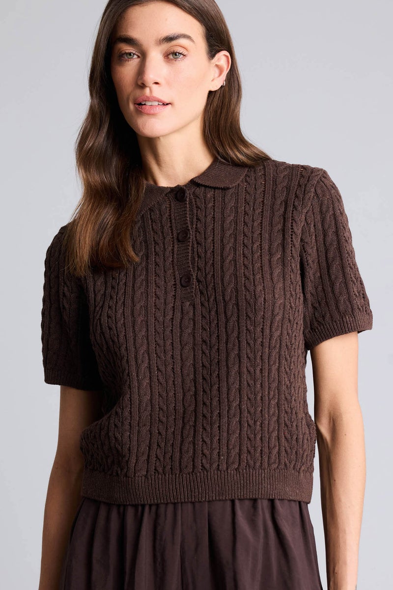 DeFacto Brown Woman Polo Neck Short Sleeve Openwork Knit Pullover Casual - Image 1