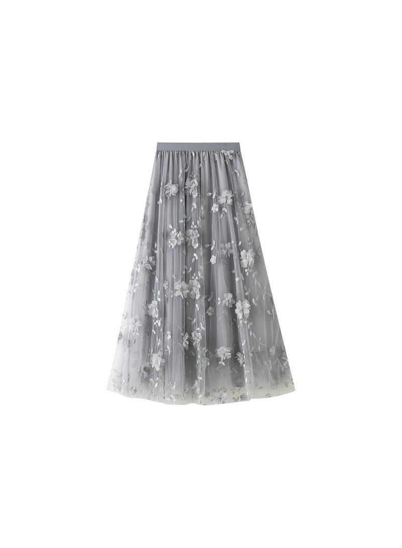 Loquat Women's Dragonfly Embroidered Mesh Skirt Long Dress Grey  - Image 1
