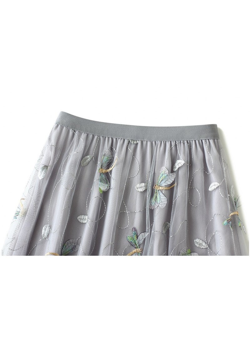 Loquat Women's Dragonfly Embroidered Mesh Skirt Long Dress Grey  - Image 2