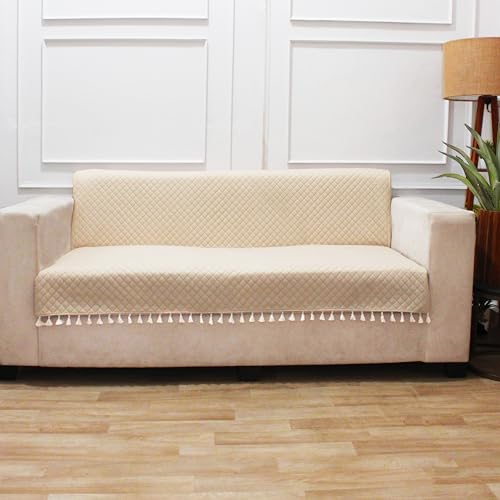 STITCHNEST 'Maison Plush Series' Quilted Velvet Sofa Cover 3 Seater Fully Covered | Premium Soft Fabric, Washable & Fade Resistant | Beige Sofa Protector with Tassels | Size 70x60 Inch - Image 2