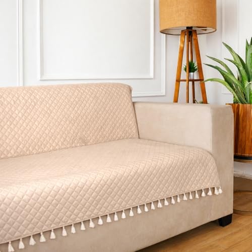 STITCHNEST 'Maison Plush Series' Quilted Velvet Sofa Cover 3 Seater Fully Covered | Premium Soft Fabric, Washable & Fade Resistant | Beige Sofa Protector with Tassels | Size 70x60 Inch - Image 1