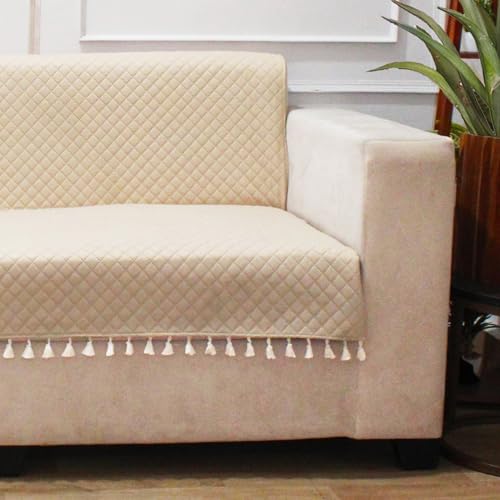 STITCHNEST 'Maison Plush Series' Quilted Velvet Sofa Cover 3 Seater Fully Covered | Premium Soft Fabric, Washable & Fade Resistant | Beige Sofa Protector with Tassels | Size 70x60 Inch - Image 3