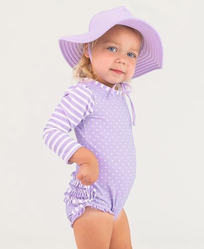 RuffleButts Baby Girls UPF 50 Sun Protection Polka Dot Long Sleeve One Piece Rash Guard Swimsuit with Zipper Lavender Heart Polka 1218m - Image 3