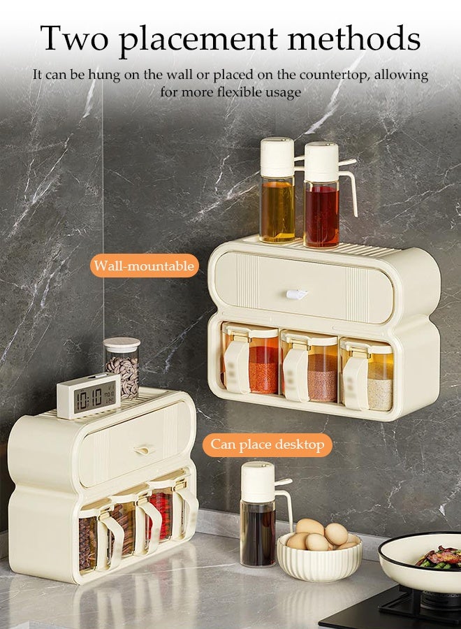 DUNISO صندوق توابل مزدوج الطبقات، مجموعة توابل مثبتة على الحائط للاستخدام المزدوج مع مقابض وملعقات، منظم توابل متعدد الحجرات مع درج، لتخزين التوابل في المطبخ - Image 4