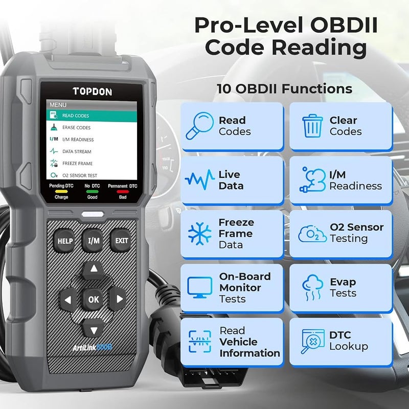 توب دون جهاز تشخيص TOPDON ArtiLink500B OBD2: جهاز متعدد الوظائف يجمع بين اختبار البطارية وقراءة أكواد الأعطال؛ يدعم أنظمة السيارات الشائعة، ويدعم الاتصال عبر البلوتوث مع تطبيقات إصلاح السيارات الرائدة. - Image 3