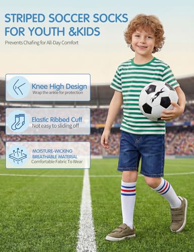 TOCONFFON Youth Soccer Socks Kids Boys Girls Baseball Outfit Knee High Softball Long Socks for Football Volleyball Athletic(Blue Stripe 3 Pairs,6-9) - Image 4