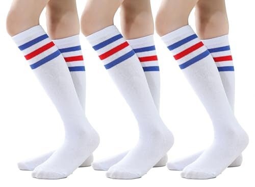 TOCONFFON Youth Soccer Socks Kids Boys Girls Baseball Outfit Knee High Softball Long Socks for Football Volleyball Athletic(Blue Stripe 3 Pairs,6-9) - Image 1