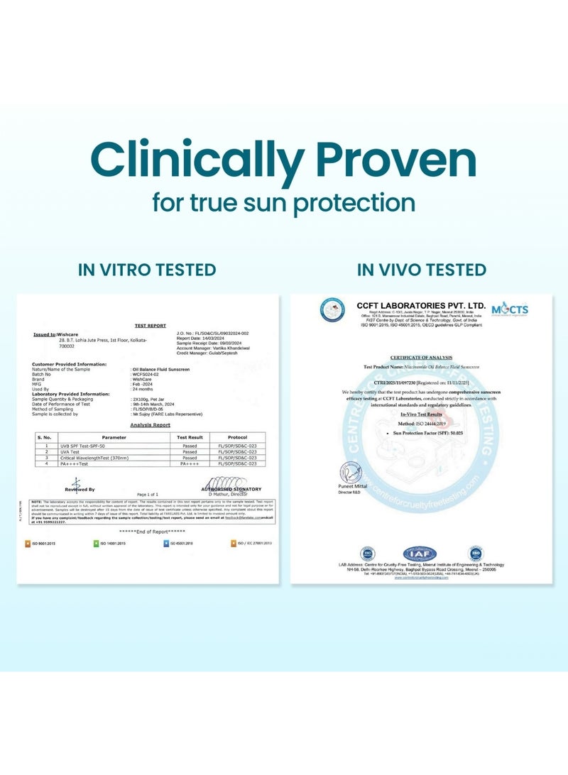 WishCare Niacinamide Oil Balance Fluid Sunscreen SPF 50 PA++++ | In-Vivo Tested | 8Hrs+ SPF Protection | Lightweight, Matte & No White Cast | For All Skin Types | Controls Oil | For Women & Men 50g - Image 2