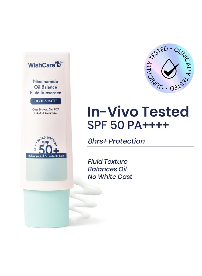 WishCare Niacinamide Oil Balance Fluid Sunscreen SPF 50 PA++++ | In-Vivo Tested | 8Hrs+ SPF Protection | Lightweight, Matte & No White Cast | For All Skin Types | Controls Oil | For Women & Men 50g - Image 1