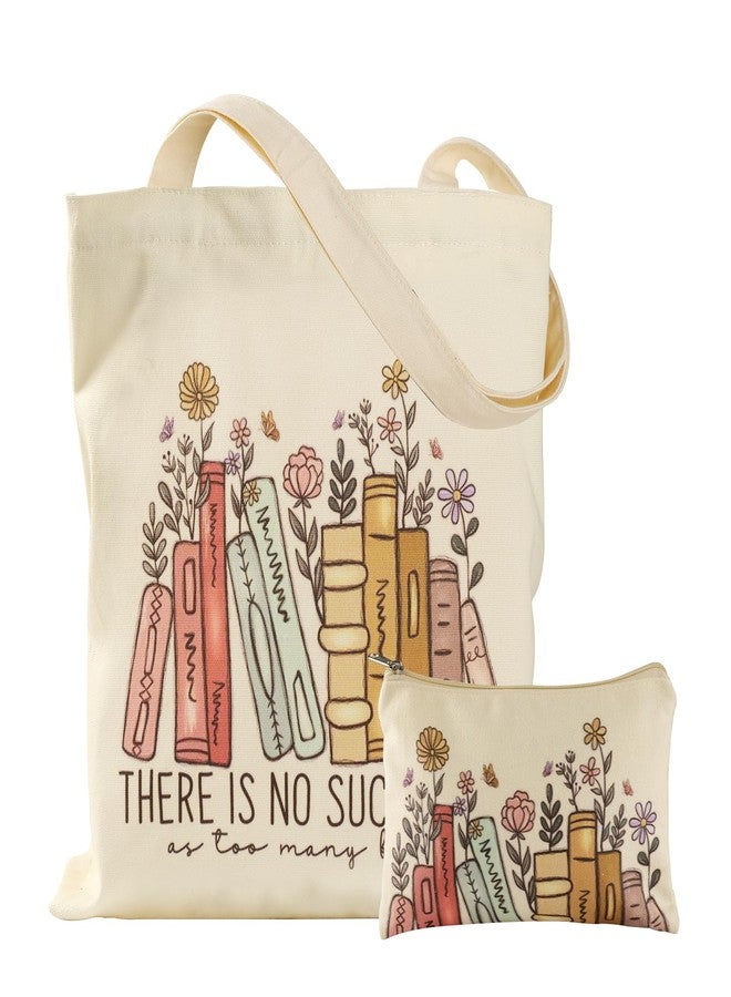 VADOO Canvas Tote Bag - with Zipper & Small Pouch, Cute Shoulder Bag for Women Reusable Large Tote Bag for Gym, College, Travel, Library, Shopping (Floral and books) - Image 1
