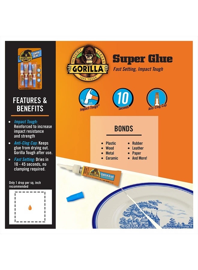 Gorilla - Glue Super Glue Liquid, Cyanoacrylate Glue, Anti Clog Precision Cap, No Run Formula, Fast Setting, Clear, Four 0.11oz/3g Tubes, (Pack of 2) - Image 1