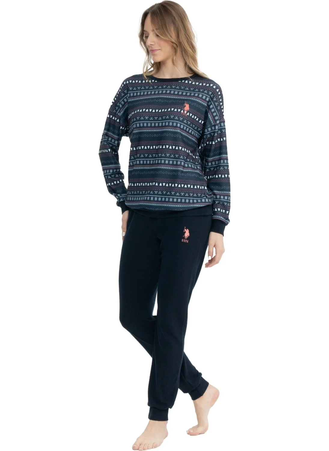 U.S. Polo Assn. Women's Navy Blue Round Neck Long Sleeve Pajama Set