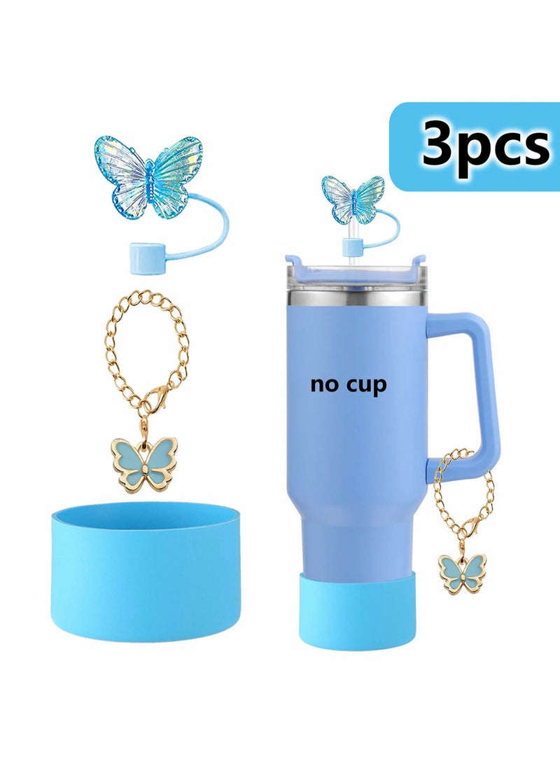 Generic Three-Piece Water Cup Butterfly Decoration Straw Cover Silicone Cup Cover Resin Butterfly Cup Chain Ins Key Pendant (Blue) - Image 1