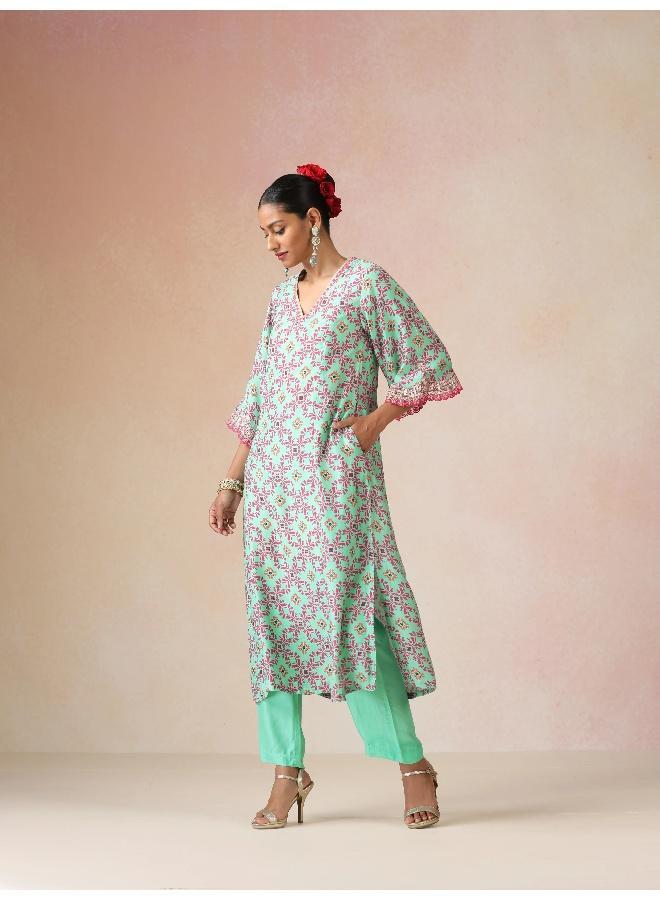 trueBrowns Mint Pink Jaal Print Viscose A-line Kurta Set - Image 3