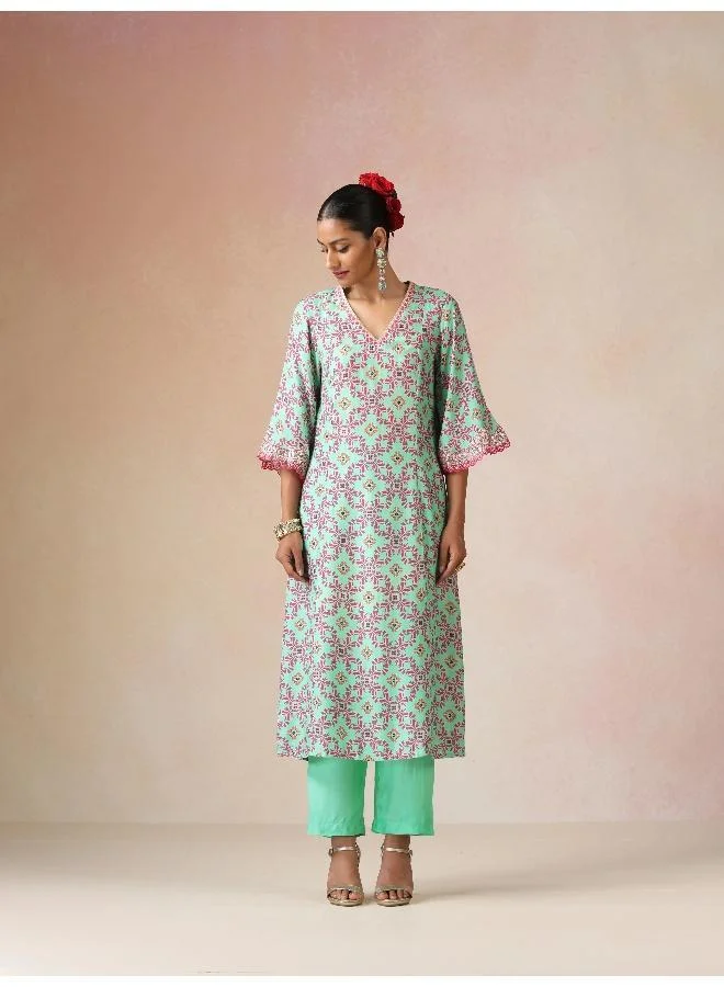 trueBrowns trueBrowns Mint Pink Jaal Print Viscose A-line Kurta Set