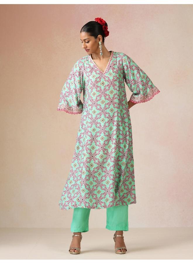 trueBrowns Mint Pink Jaal Print Viscose A-line Kurta Set - Image 1