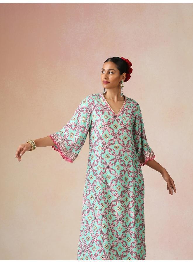 trueBrowns Mint Pink Jaal Print Viscose A-line Kurta Set - Image 4