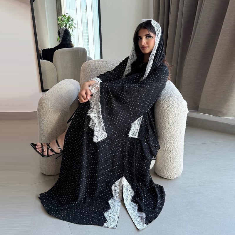 Ethnic Style Black Lace Trim Polka Dot Long Cardigan with Headscarf - Image 4
