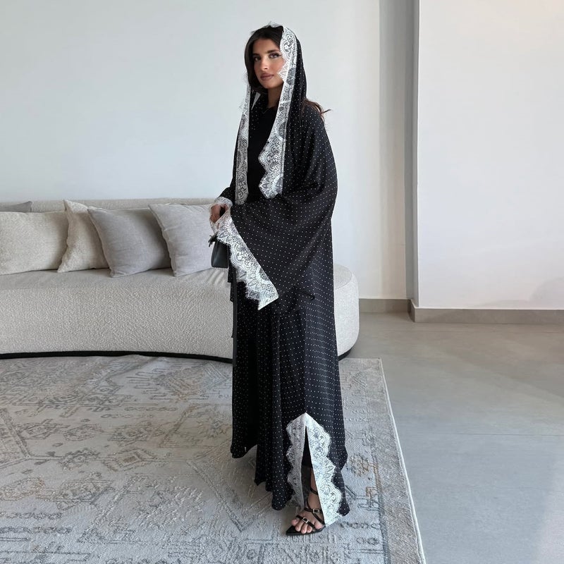 Ethnic Style Black Lace Trim Polka Dot Long Cardigan with Headscarf - Image 5