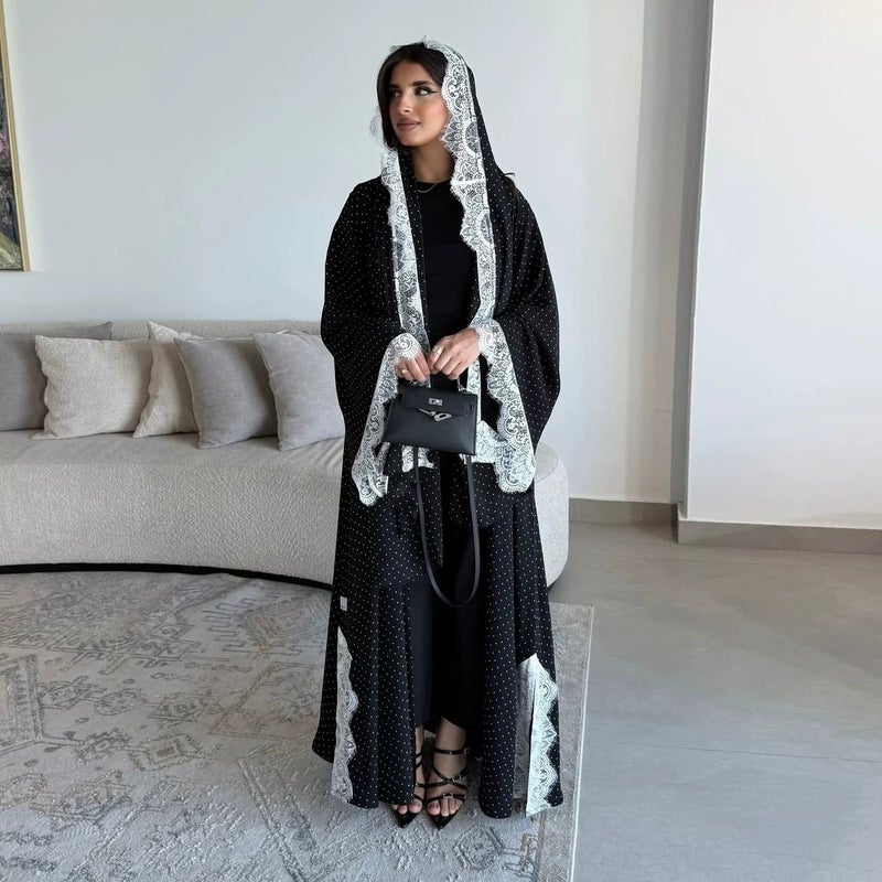 Ethnic Style Black Lace Trim Polka Dot Long Cardigan with Headscarf - Image 3