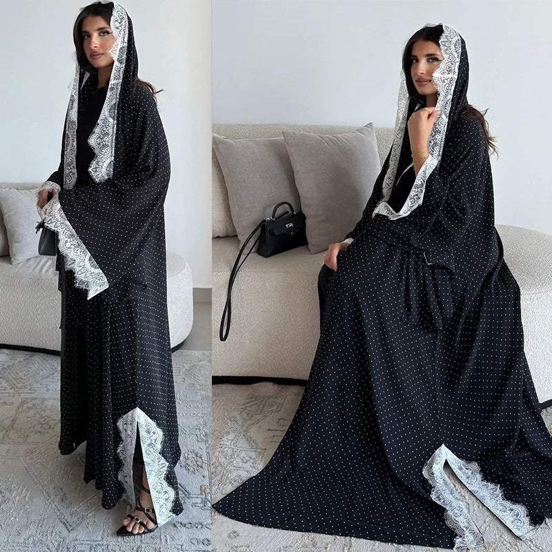Ethnic Style Black Lace Trim Polka Dot Long Cardigan with Headscarf - Image 2