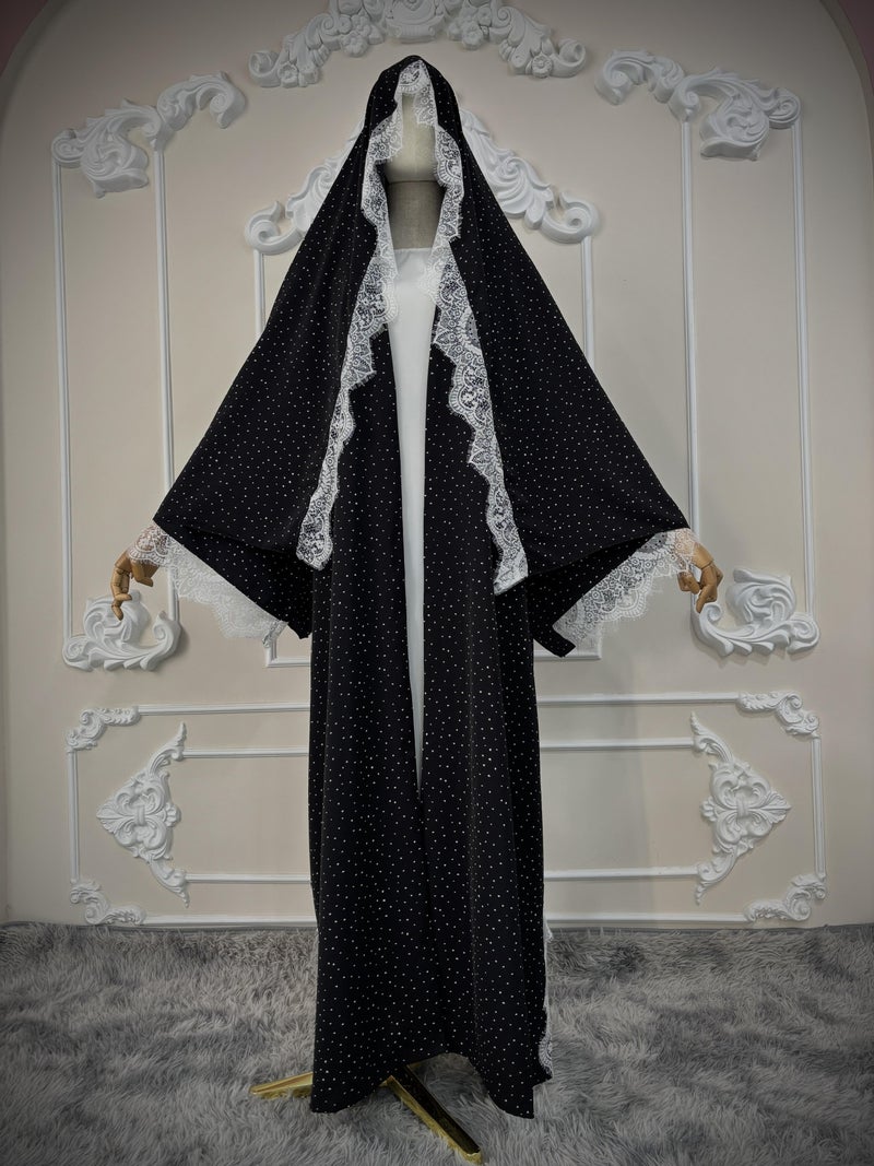 Ethnic Style Black Lace Trim Polka Dot Long Cardigan with Headscarf - Image 1