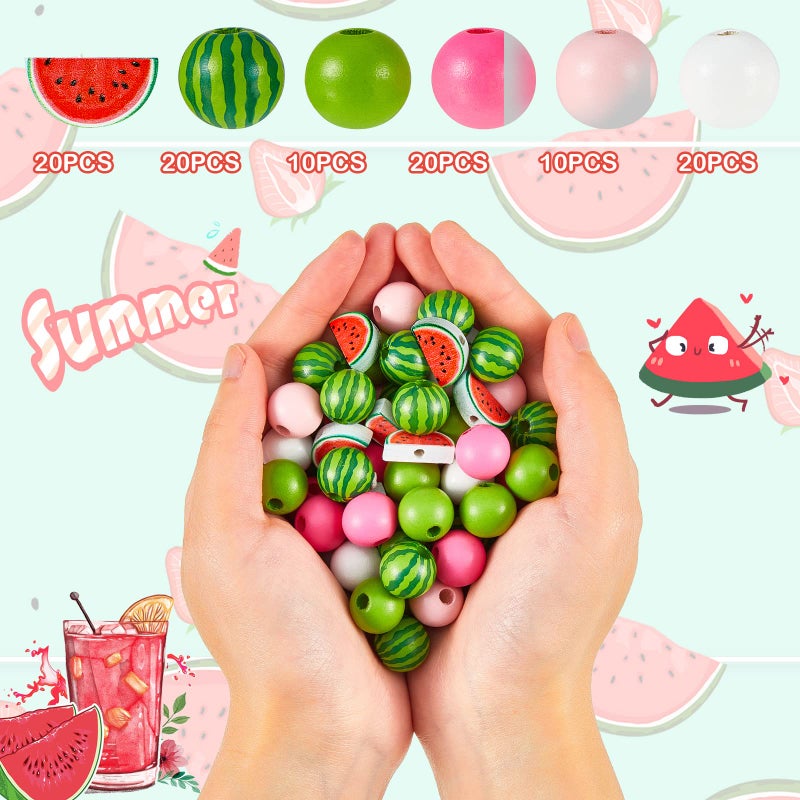 Yookeer 100 Pcs Watermelon Wooden Beads 16 mm Summer Multi Colored Wooden Beads Bulk Colorful Summer Wood Beads for Crafts Round Loose Spacer Beads for DIY Necklace Earring Bracelet Jewelry Making Home Decor - Image 3