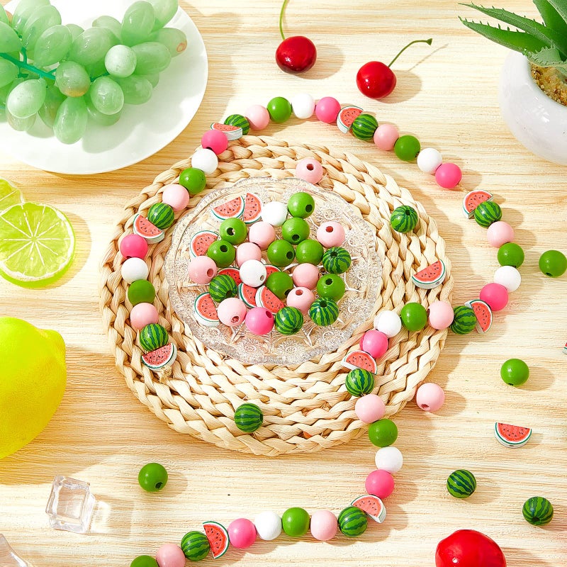 Yookeer 100 Pcs Watermelon Wooden Beads 16 mm Summer Multi Colored Wooden Beads Bulk Colorful Summer Wood Beads for Crafts Round Loose Spacer Beads for DIY Necklace Earring Bracelet Jewelry Making Home Decor - Image 5