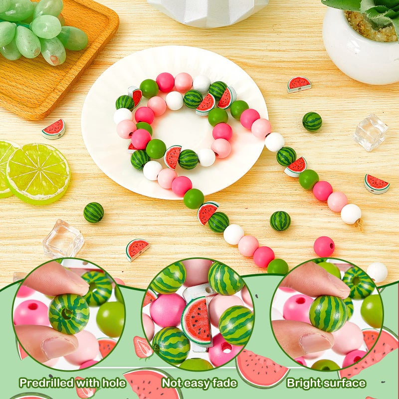Yookeer 100 Pcs Watermelon Wooden Beads 16 mm Summer Multi Colored Wooden Beads Bulk Colorful Summer Wood Beads for Crafts Round Loose Spacer Beads for DIY Necklace Earring Bracelet Jewelry Making Home Decor - Image 4