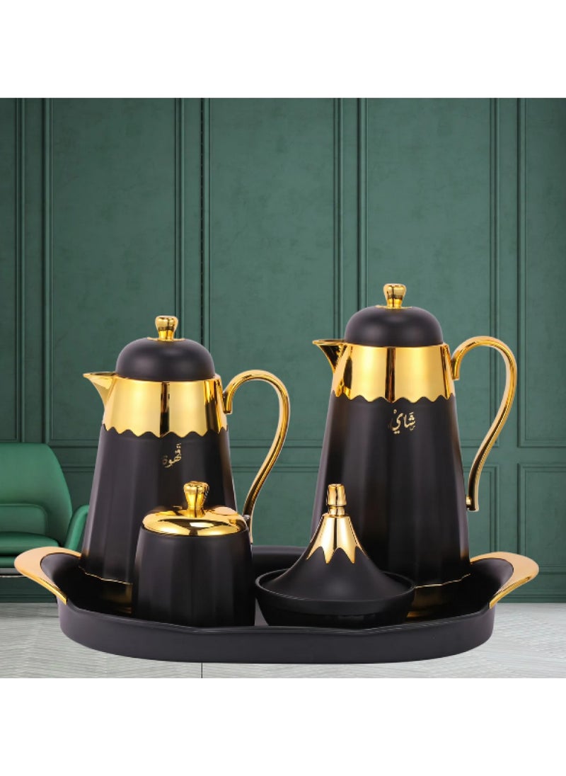 Alostoura - Luxury Tea and Coffee Thermos Set – 5 Pieces with an Elegant and Attractive Design, Including a Serving Tray, Sugar Box, and Date Box in Black and Gold - Image 1