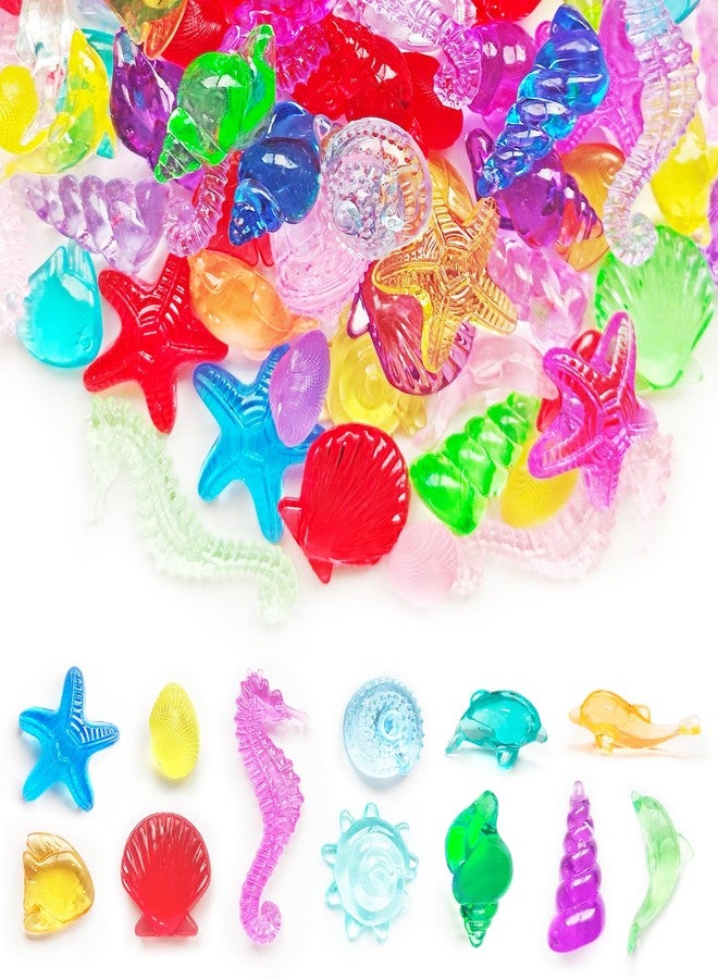 cntjv 100+ Pcs Sea Shell Ocean Sensory Bin Filler, Diving Gem Pool Toys for Kids, Mini Acrylic Plastic Seashells Animals Figurines Decorating, Little Mermaid Party Favors, 15 Colors 12 Styles - Image 1