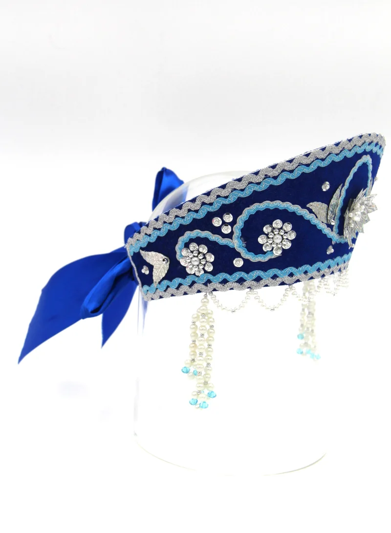 D'Daniela D' Daniela - Women's Traditional Headdress Kokoshnik - Blue with Yellow and Silver beads