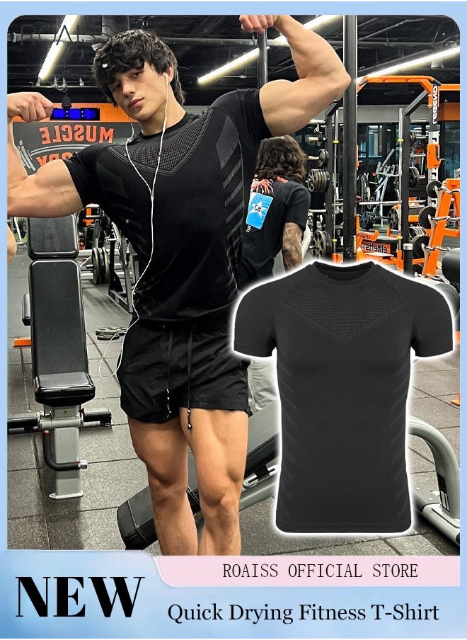 roaiss Men's Casual Elastic Fitness T-Shirt Comfortable Breathable Tight Short Sleeved Training Pullover  - Image 1