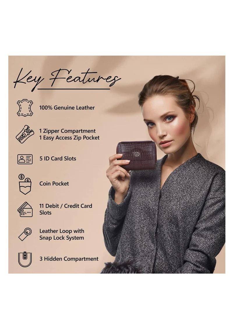 Hammonds Flycatcher  Wallet for Women -  Leather Ladies Wallet - Croc Brown - 14 Card Slots - RFID Protection - 3 ID Card Slots - Women's Wallet - Button Closure -Daily Use, Women Money Purse | ZV1V for Women | Best Price UAE