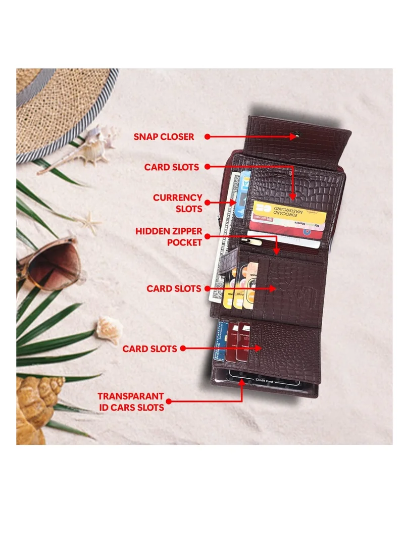 Hammonds Flycatcher  Wallet for Women -  Leather Ladies Wallet - Croc Brown - 14 Card Slots - RFID Protection - 3 ID Card Slots - Women's Wallet - Button Closure -Daily Use, Women Money Purse | ZV1V for Women | Best Price UAE