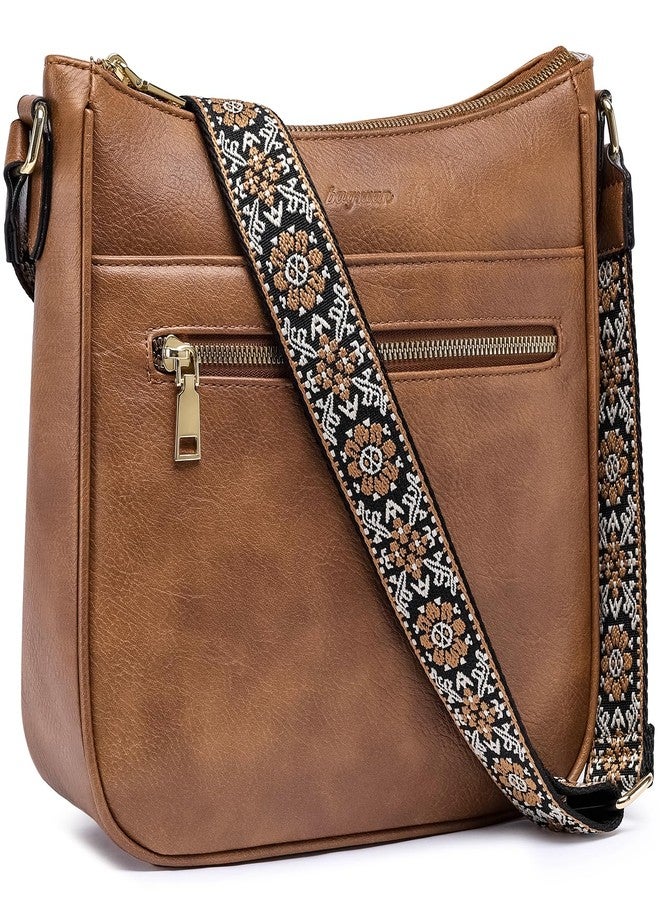 bagswan Crossbody Bags for Women Purses: Vegan Leather Cross Body Hobo Purse with Adjustable Guitar Wide Strap Trendy Womens Shoulder Hand Bag Small Women's Handbags with 4 Zip Pockets (Brown) - Image 1