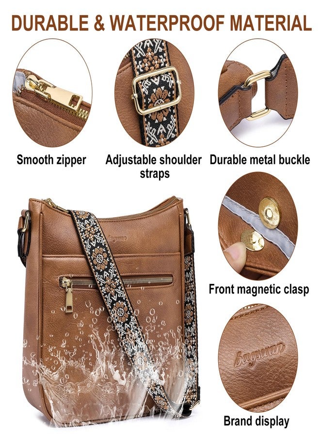 bagswan Crossbody Bags for Women Purses: Vegan Leather Cross Body Hobo Purse with Adjustable Guitar Wide Strap Trendy Womens Shoulder Hand Bag Small Women's Handbags with 4 Zip Pockets (Brown) - Image 3