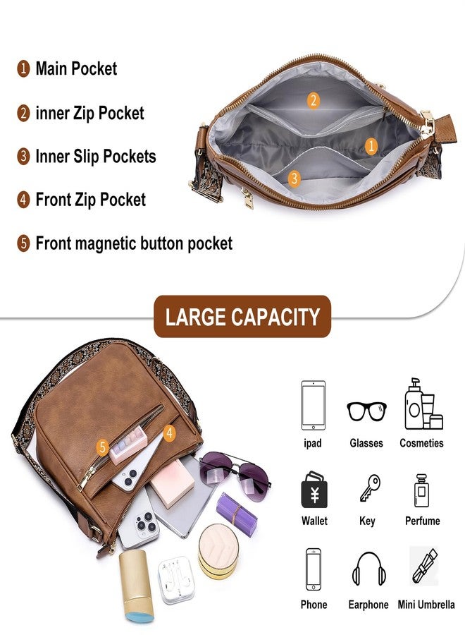 bagswan Crossbody Bags for Women Purses: Vegan Leather Cross Body Hobo Purse with Adjustable Guitar Wide Strap Trendy Womens Shoulder Hand Bag Small Women's Handbags with 4 Zip Pockets (Brown) - Image 4