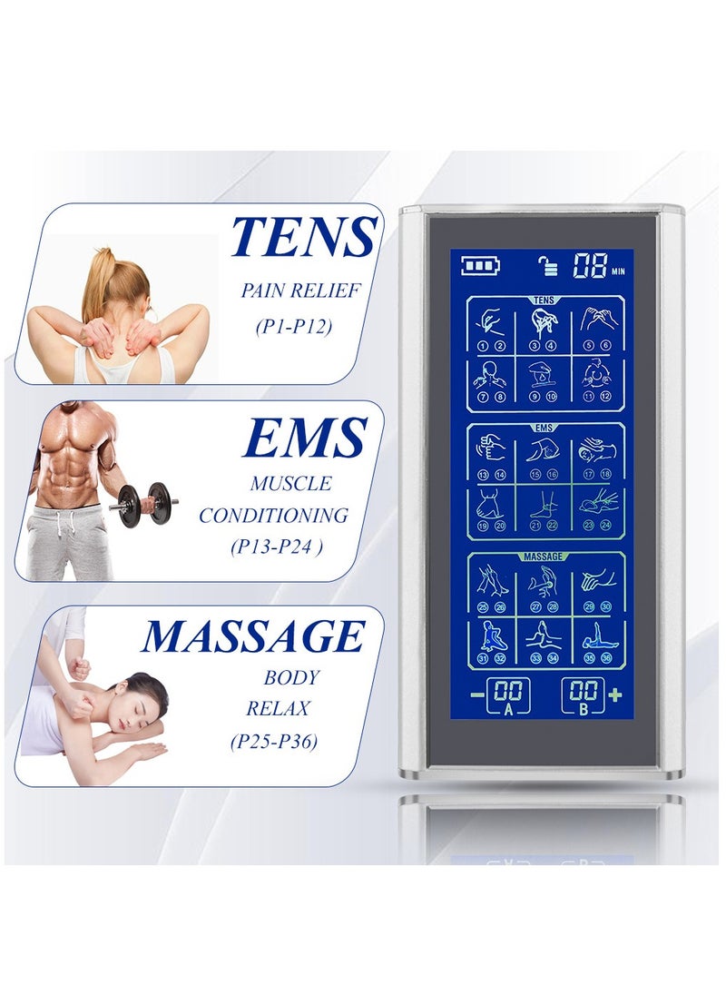 36 Modes Dual Channel TENS Muscle Stimulator EMS Pulse Rechargeable Full Body Massage Acupuncture Machine with 10 Pads Silver