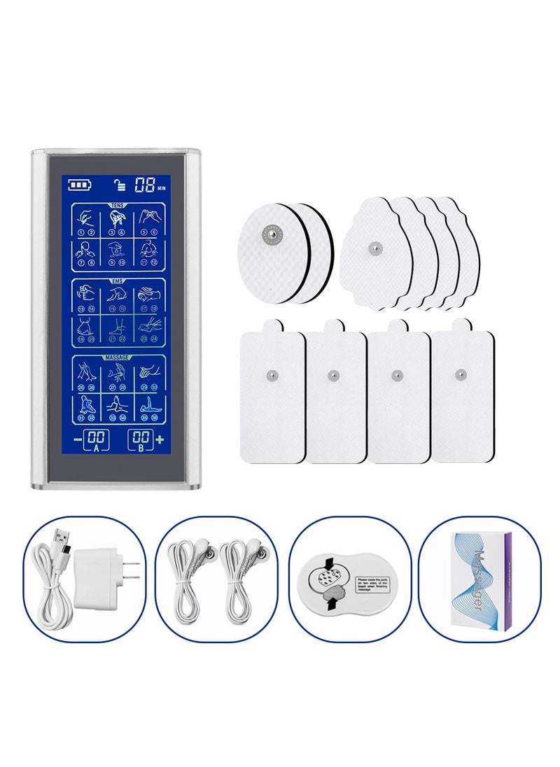 36 Modes Dual Channel TENS Muscle Stimulator EMS Pulse Rechargeable Full Body Massage Acupuncture Machine with 10 Pads Silver