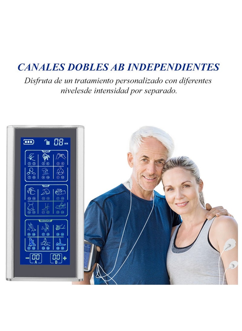 36 Modes Dual Channel TENS Muscle Stimulator EMS Pulse Rechargeable Full Body Massage Acupuncture Machine with 10 Pads Silver
