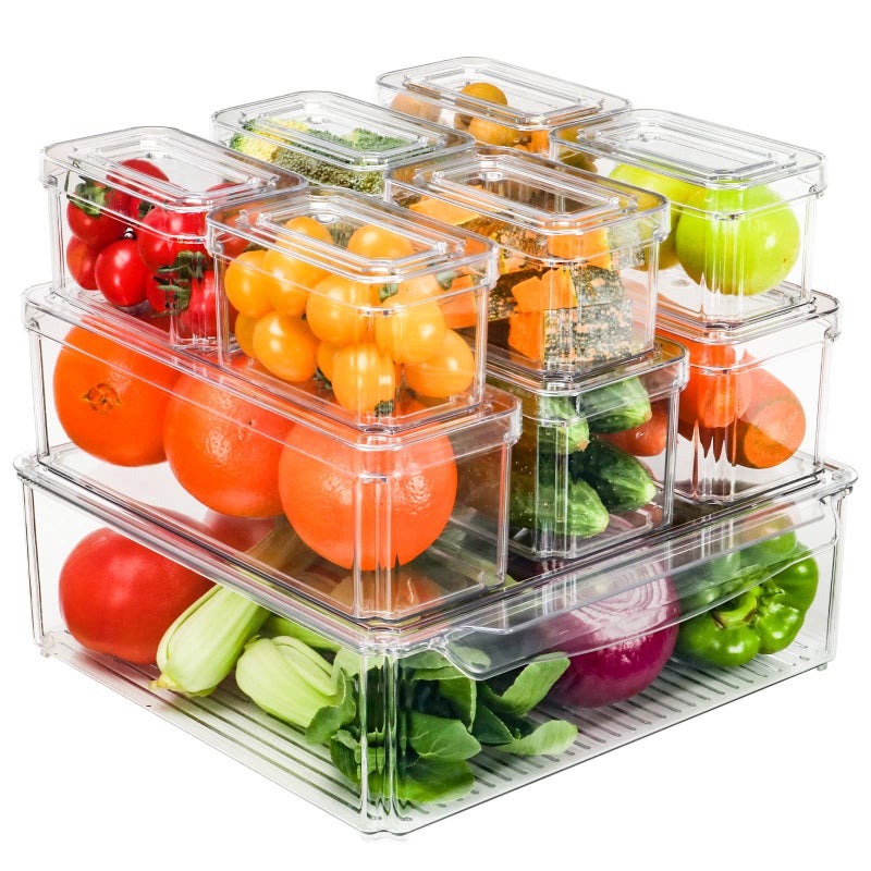 BEWAVE Fridge Organizer Refrigerator Organizer Bins with Lids Clear Containers For Food Drinks Vegetable Storage 10 Pack