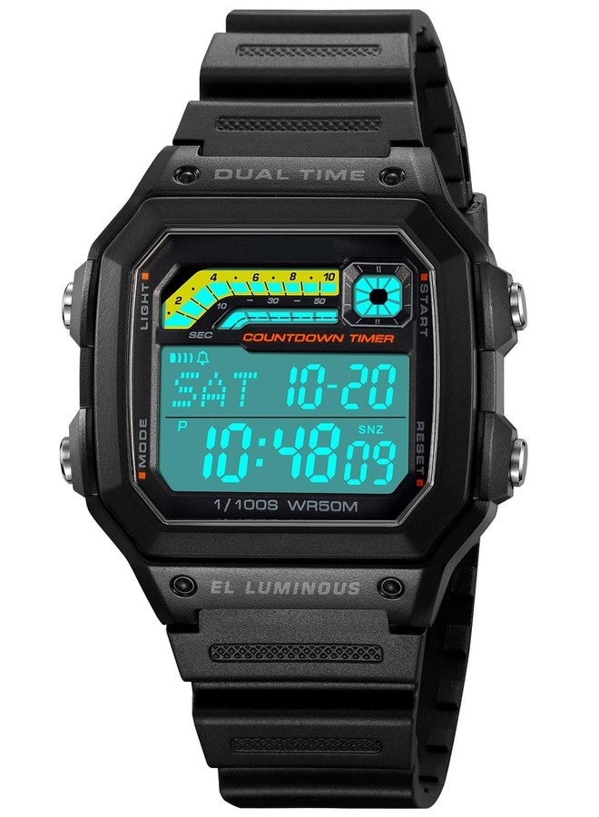 PASOY Men's Digital Watch for Men Outdoor Sport Swim Waterproof Watch Light Alarm Stopwatch Countdown Shock Proof Resin Case Rubber Strap (Black/Rubber Strap) - Image 1