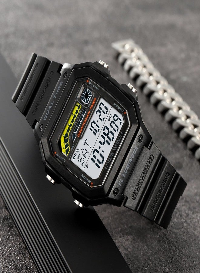 PASOY Men's Digital Watch for Men Outdoor Sport Swim Waterproof Watch Light Alarm Stopwatch Countdown Shock Proof Resin Case Rubber Strap (Black/Rubber Strap) - Image 4