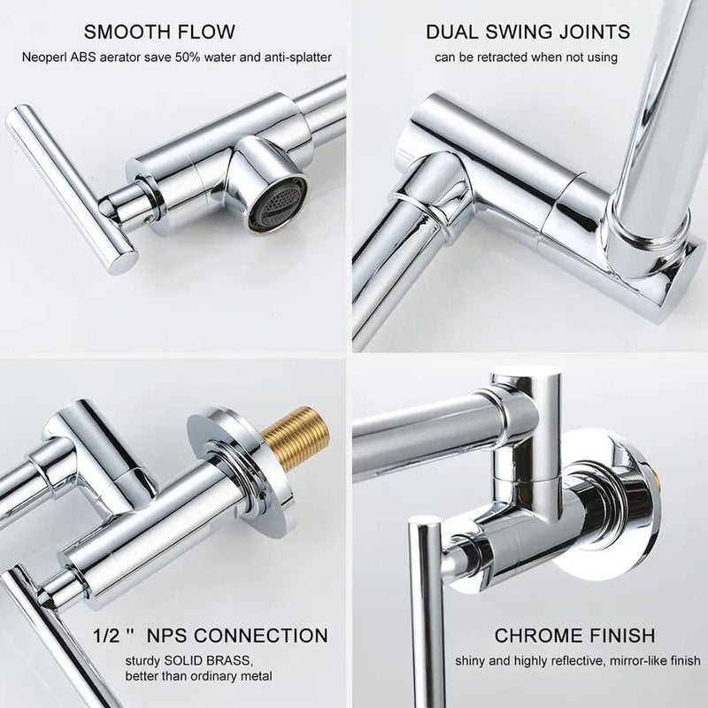 ACE Pot Filler Faucet Wall Mount Solid Brass Chrome Kitchen Faucet 2 Handles with Single Hole Double Joint Swing Arm Kitchen Faucets for Kitchen Restaurant  - Image 3