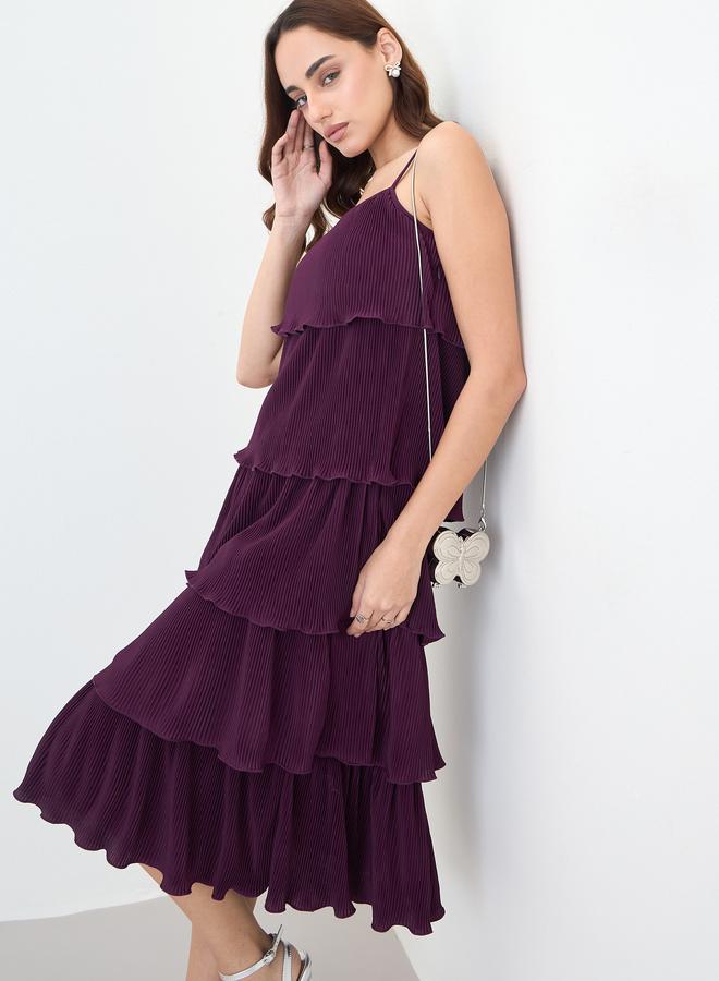Styli Burgundy Sleeveless Tiered Midi Dress - Image 1