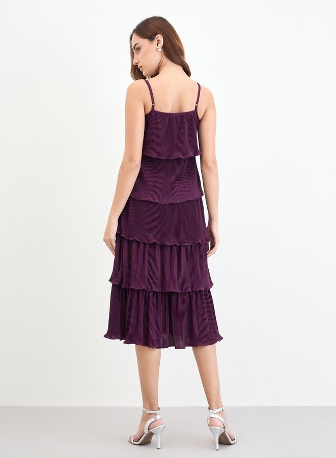 Styli Burgundy Sleeveless Tiered Midi Dress - Image 5