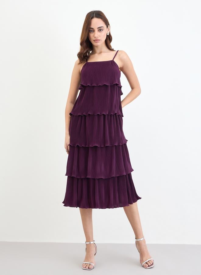 Styli Burgundy Sleeveless Tiered Midi Dress - Image 3