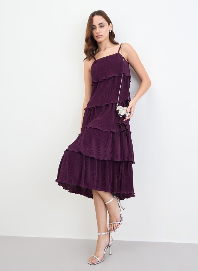 Styli Burgundy Sleeveless Tiered Midi Dress - Image 2